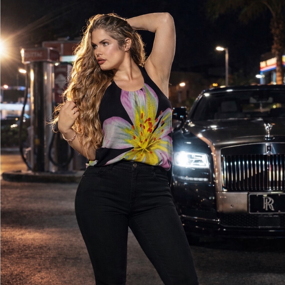 Express Black Floral Print Sleeveless Camisole Tank Top Yellow Purple Green